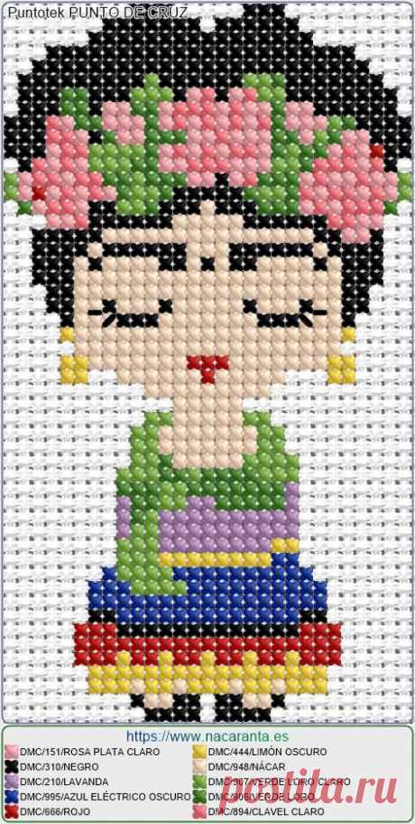 FRIDA KAHLO EN PUNTO DE CRUZ Cuadrilla de Frida para bordar en punto de cruz, la plantilla cuenta con las claves de colore de los hilos DMC para coserlo.