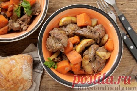 Рецепт: Куриная печень с тыквой, яблоками, вином и корицей на RussianFood.com