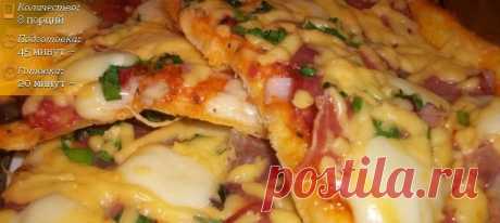 Пицца с салями, беконом, моцареллой, грибами, прошутто и сыром