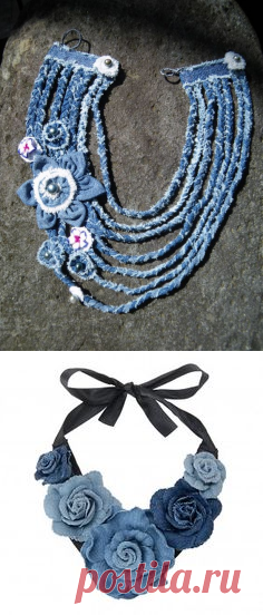 Collar de tela vaquera y perlas   -   Denim and pearls necklace | accesorios | Таити, Джинсы и Ожерелья