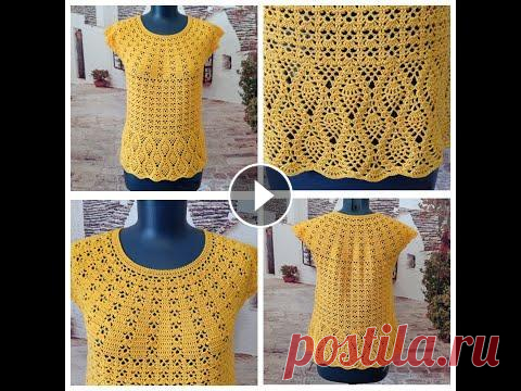 Летнее платье крючком с круглой кокеткой "Канарейка".  Часть 1. Всем здравствуйте!!! Предлагаю вам связать вместе со мной летнее платье крючком с круглой кокеткой из пряжи Пехорка Успешная, номер цвета 80, название...