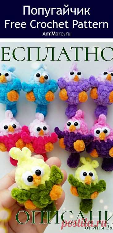 PDF Попугайчик крючком. FREE crochet pattern; Аmigurumi toy patterns. Амигуруми схемы и описания на русском. Вязаные игрушки и поделки своими руками #amimore - птица, птичка, маленький попугай из плюшевой пряжи, плюшевый попугайчик.