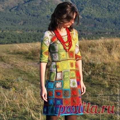 Платье "Именины Рябины" - в клеточку,осень,пряжа норо,платье крючком,Бохо платье