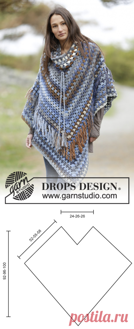 Gaucho - Crochet DROPS poncho with detachable collar, dc-groups and fringes, worked top down in �Big Delight�. Size: S - XXXL. - Free pattern by DROPS Design