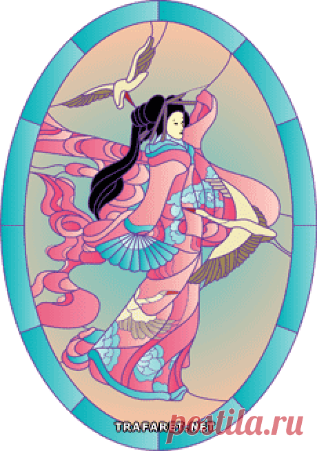Гейша и лебеди :: Витражный рисунок с изображением японской женщины и парящих лебедей. Рисунок для переноса на стекло :: купить в интернет-магазине с доставкой
