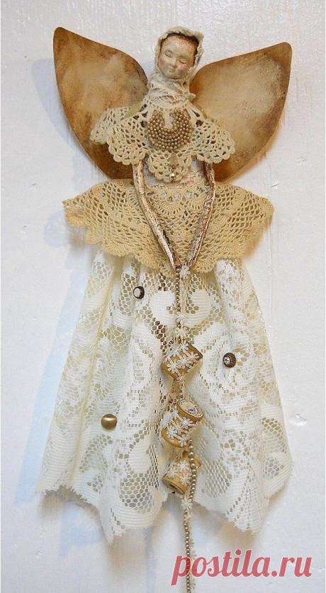 Angel Art Doll, Handmade of Paper Clay, Fabric Body, Vintage Crochet
