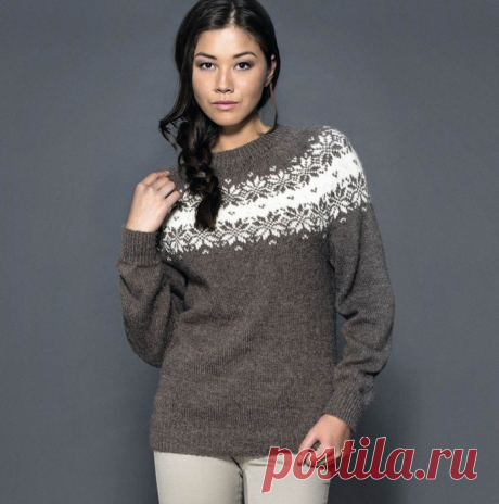 Коричневый джемпер с жаккардовой кокеткой спицами Размеры:S (M–L) XL