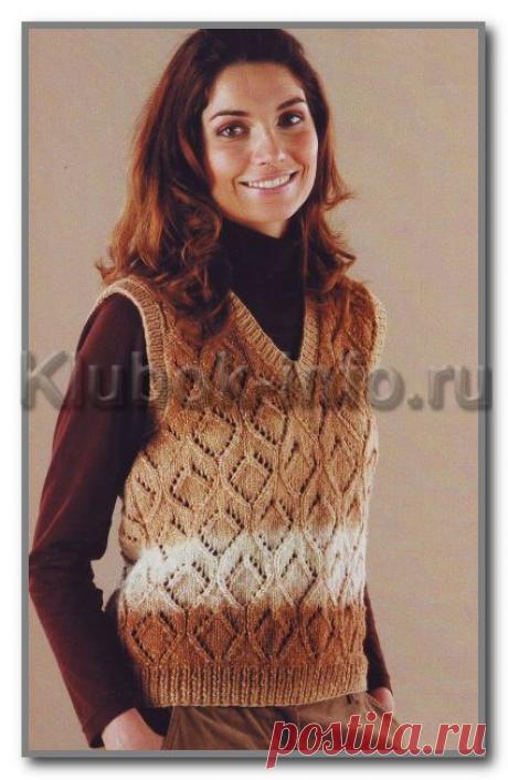 Безрукавка с ажурным узором и V-вырезом. Размер 36-38 (40-44; 46-50) спицами