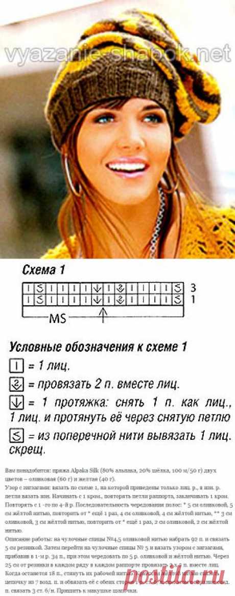 Двухцветная шапка-мешок спицами с узором зигзагами | ВЯЗАНИЕ ШАПОК: женские шапки спицами и крючком, мужские и детские шапки, вязаные сумки#more-1262