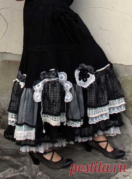 Old lace black and white crazy skirt recycled skirt by jamfashion: