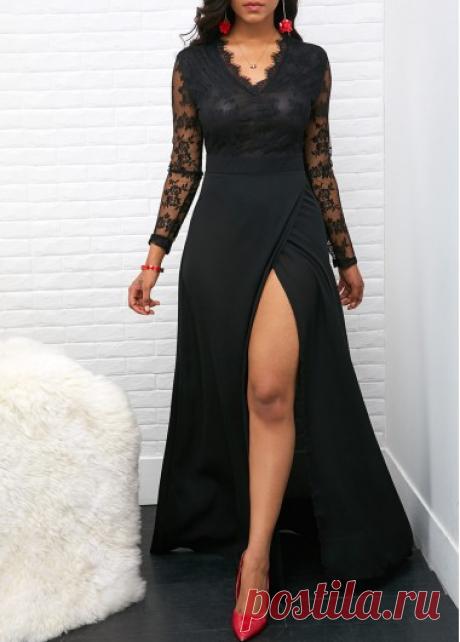 Lace Panel V Neck High Slit Maxi Dress | Rotita.com - USD $33.43