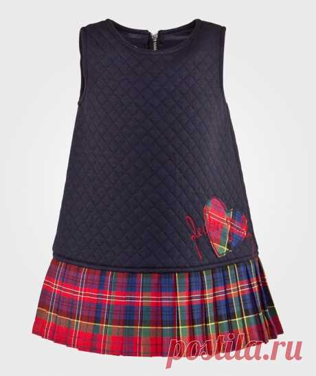 Junior Gaultier - Navy Sleeveless Quilted Shift Dress With Pleated Tartan Skirt - ru.babyshop.com