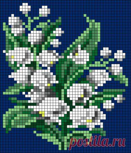 a cross - stitch pattern of white flowers on a blue background, with green leaves