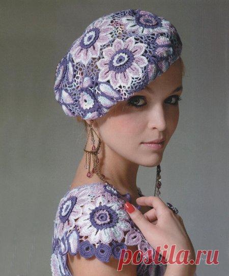 Берет крючком «Сцепной гипюр»