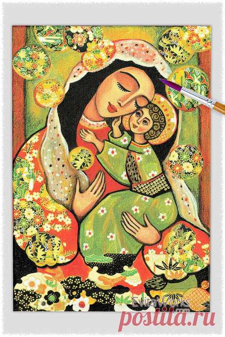 Madonna and Child, folk iconography These items are based on our original painting, named "Madonna and Child". It depicts a beautiful, beatified mother in ancient garb carrying a watchful and loving halo-glowing child in her arms Virgin…
