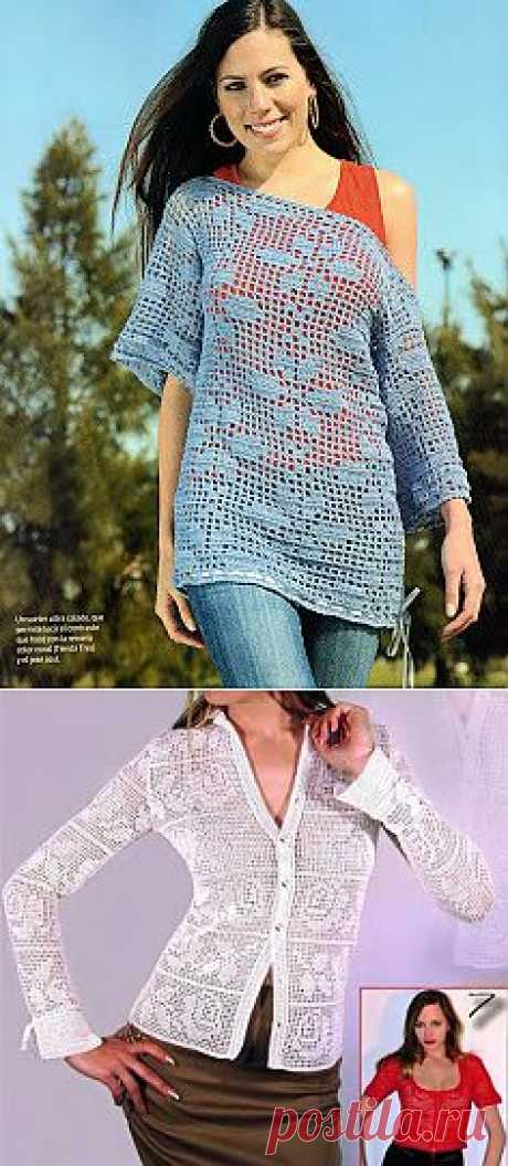 Вязание крючком и спицами/Crochet and knitting: Кофточки в технике филейного вязания