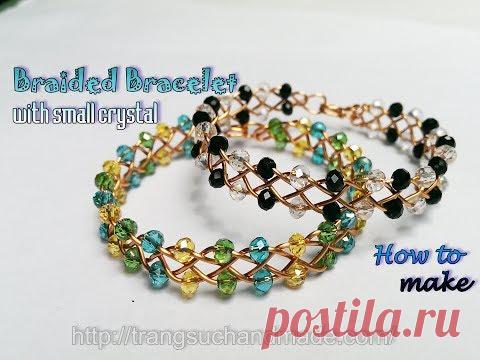 Pulseira de cobre trançado com pequenas contas de cristal - 4 fios de arame trançado celta 399