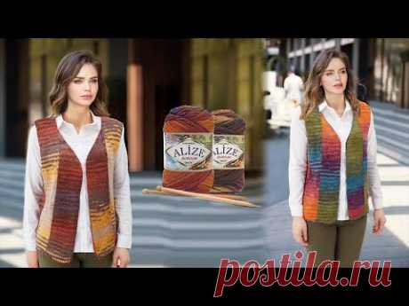 Alize Burcum Batik ile Dikey Patchwork Yelek • Patchwork Vest • Жилет Пэчворк
