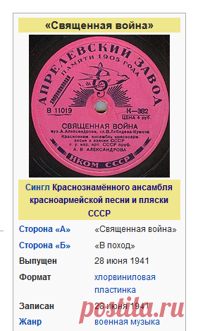 26 июня 1941 года на Белорусском вокзале одна из не выехавших ещё на фронт групп Краснознамённого ансамбля красноармейской песни и пляски СССР впервые исполнила эту песню. По воспоминаниям очевидцев, песню в тот день исполнили пять раз подряд. В мае 2005 года, в память об этом событии, на здании вокзала установлена мемориальная доска.  |  Священная война — Википедия