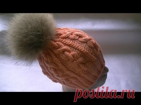 Вязание шапки узором "коса-цепь".Итальянский набор петель и полая резинка.
