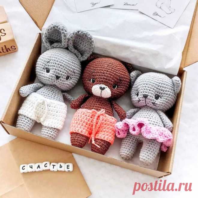 Дружное трио: котик, зайка, мишка крючком