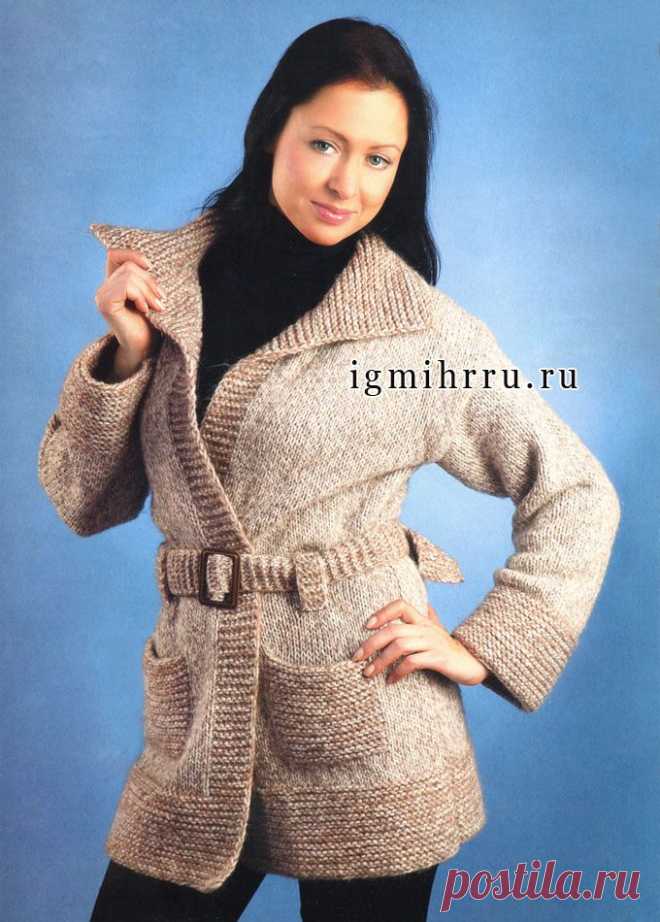 Тепло, удобно, просто! Шерстяной меланжевый кардиган с карманами и поясом. Спицы