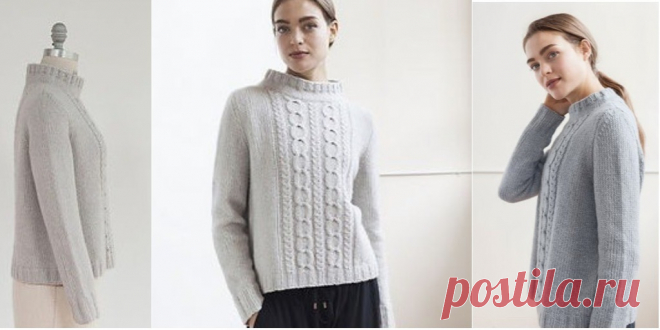 Женский свитер с косами Berg Классические косы на спинке и переде игриво бегут только до воротничка, игриво заявляя о себе на фоне лицевой глади. Свитер вяжется по кругу одной деталью до пройм, затем работу разделить на перед и спинку.