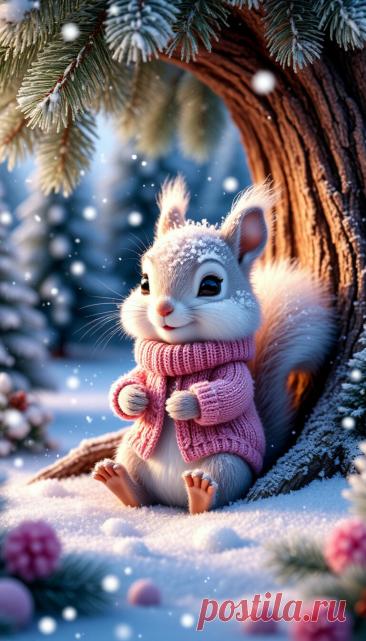 Вязаный тёплый микромир. Снег идёт над вязаной полянкой деревом,большое дупло. Снежинки, елочки. Эстетика, высокая детализация, подсветка. Пушистая белая мягкая пуховая мультяшная Pixar белочки в зимней вязаной одежде. белый, розовый, эолотой Мягкая эстетика. Ближний план, крупный план, UltraHD+, HDR.