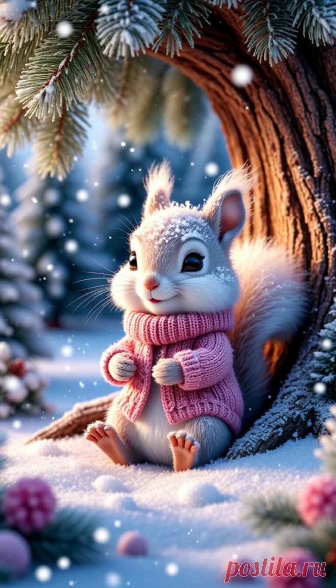 Вязаный тёплый микромир. Снег идёт над вязаной полянкой деревом,большое дупло. Снежинки, елочки. Эстетика, высокая детализация, подсветка. Пушистая белая мягкая пуховая мультяшная Pixar белочки в зимней вязаной одежде. белый, розовый, эолотой Мягкая эстетика. Ближний план, крупный план, UltraHD+, HDR.