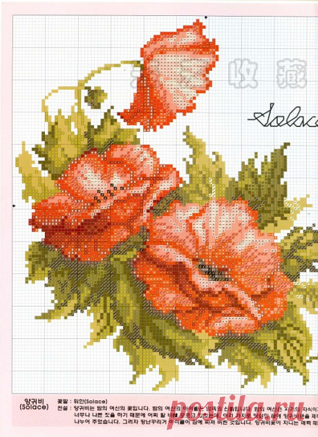 Маки, схема вышивки крестиком на подушку или часы