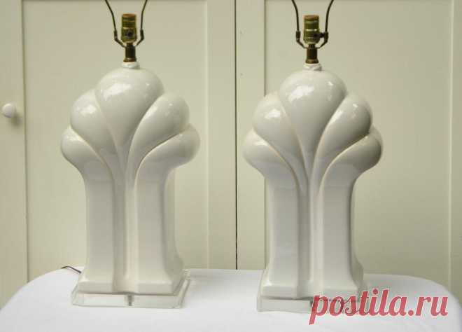 Pair Big White Hollywood Regency Deco Ceramic Lamps with Lucite Bases - I Like Mikes Mid Century Modern