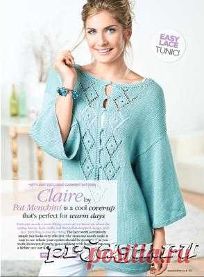 Пуловер – туника спицами с ажурными планками