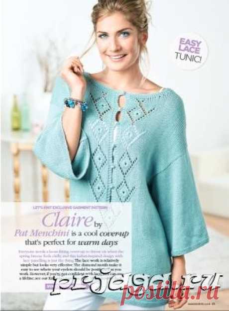 Пуловер – туника спицами с ажурными планками