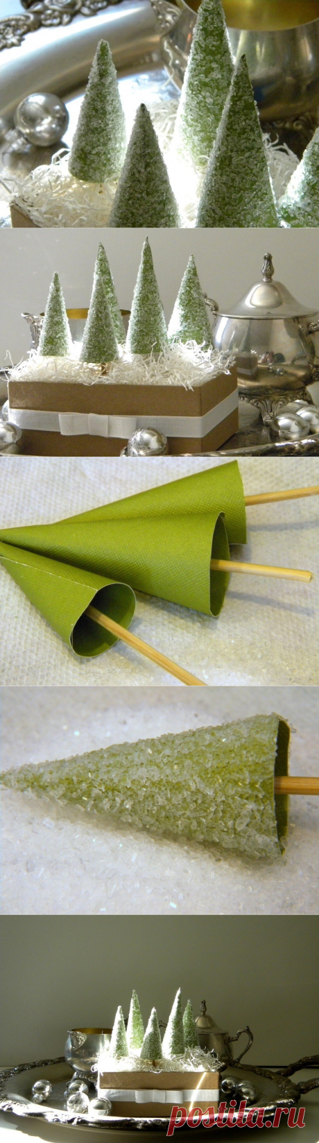 Декор подарка елочками: обмазываем клеем конус и посыпаем солью