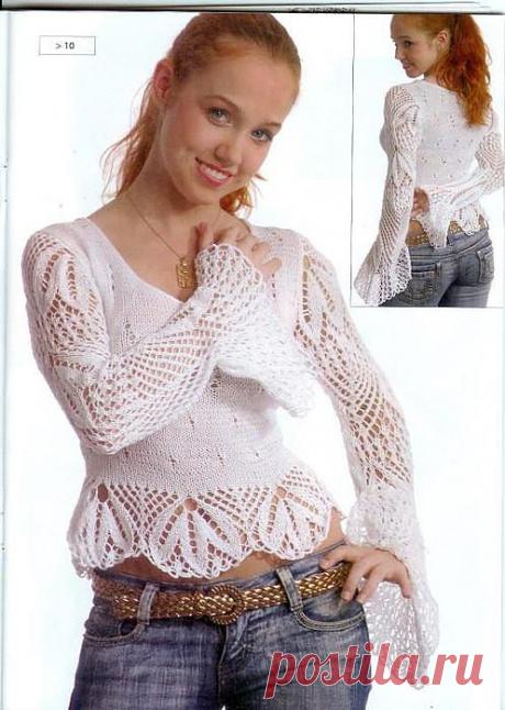 Вязание, Белая кофточка с ажурными рукавами.