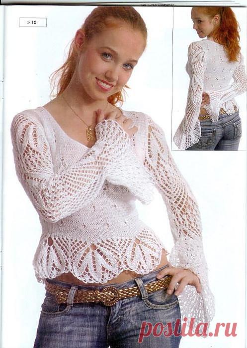 Вязание, Белая кофточка с ажурными рукавами.