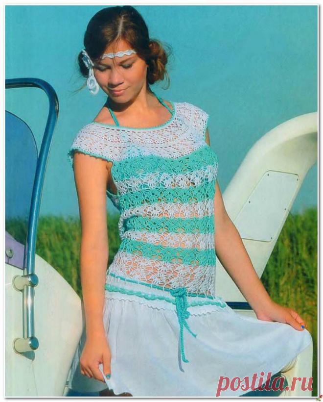 ВЯЖЕМ КРЮЧКОМ ПОЛОСАТЫЙ, АЖУРНЫЙ ТОП.
