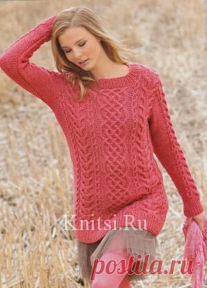 Удлиненный пуловер с косами. Вязание для женщин / Пуловеры / Спицами