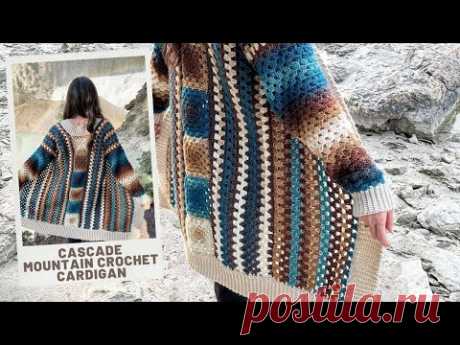 Cascade Mountain Crochet Cardigan - Easy side across construction with granny square panel