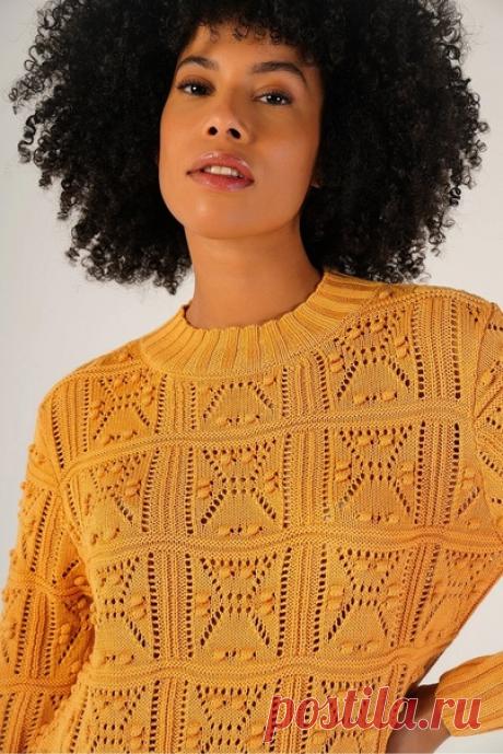 Запись на стене Джемпер от бренда Trist Star с квадратными мотивами и шишечкамиРаппорт узора - 27 петель и 36 рядов