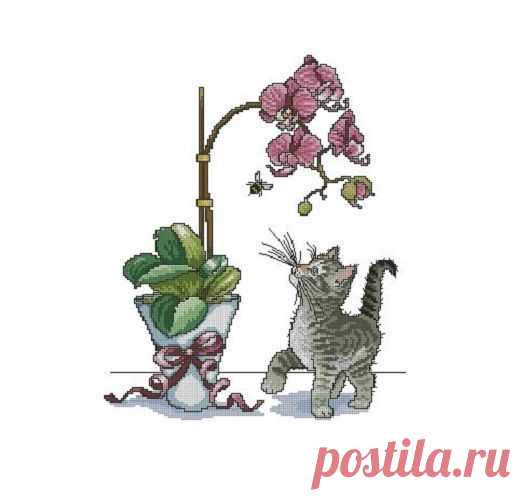 Схема для вышивки: Котенок под орхидеей купить в интернет-магазине Ярмарка Мастеров по цене 250 ₽ – W0QBERU | Схемы для вышивки, Рошаль - доставка по России