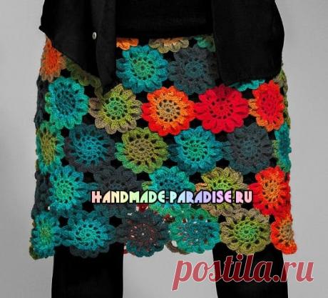 Юбка крючком цветочными мотивами - Handmade-Paradise Юбка крючком цветочными мотивами. Для вязания теплой разноцветной юбки можно использовать имеющиеся остатки пряжи, нитки, сочетающиеся по цвету и фактуре