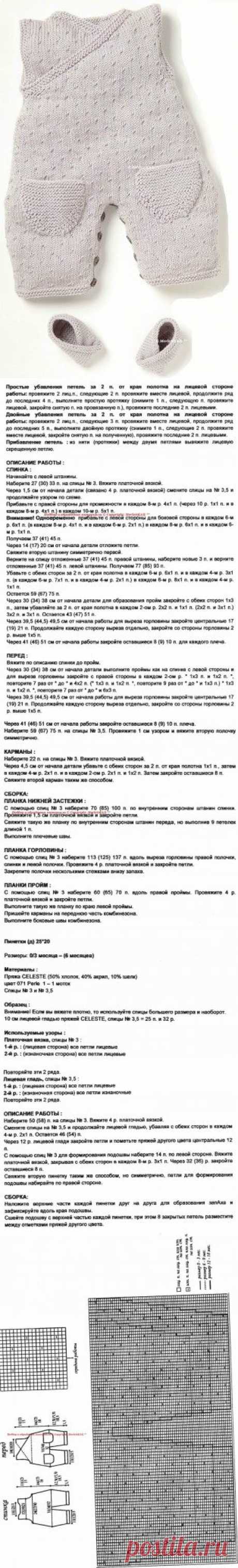 Вязание спицами для детей - комбинезон и пинетки для новорожденных