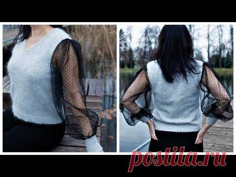 ПРАЗДНИЧНАЯ КОФТОЧКА ИЗ ПУХА НОРКИ И ОРГАНЗЫ. свитер спицами женский. пуловер спицами.Часть 2.