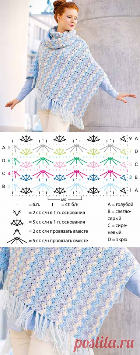 Полосатое пончо с ажурным узором