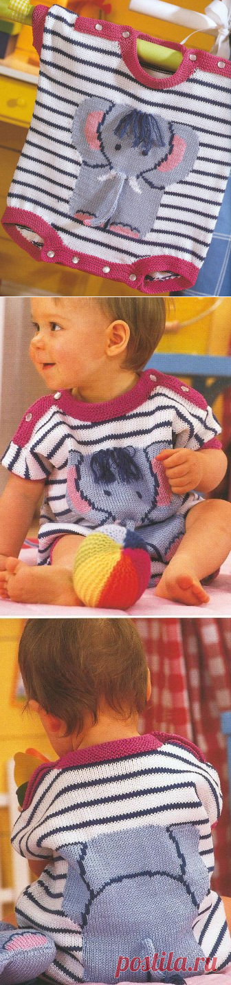 Вязаный летний комбинезончик для малыша - слоник