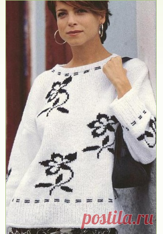 Чёрно-белый джемпер с цветочным жаккардом, спицами. Схема узора. / woman7.ru