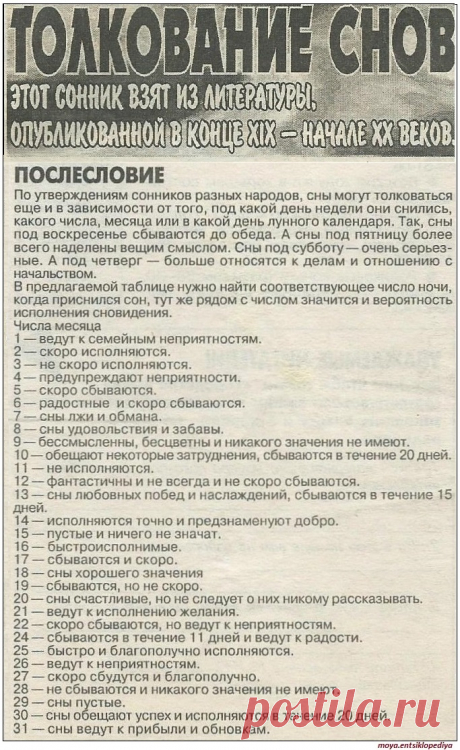 Вероятность исполнения сновидений по числам месяца