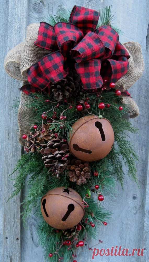 Christmas Swag, Holiday Door Wreath, Sleigh Bells, Woodland Wreath, Plaid Bow…