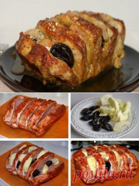 Запеченное мясо с черносливом и яблоками |